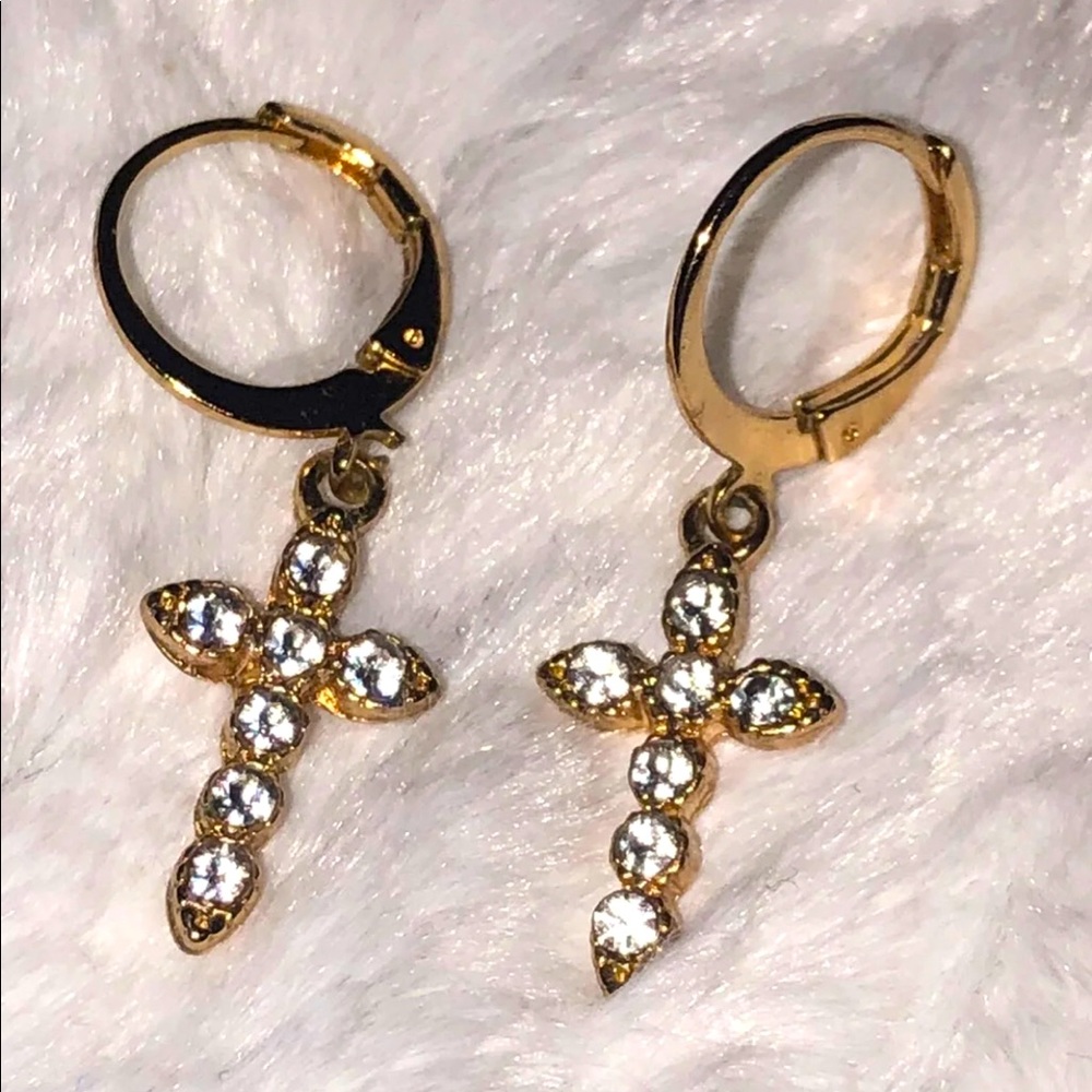 Gold Cross Diamond Hoop Earrings